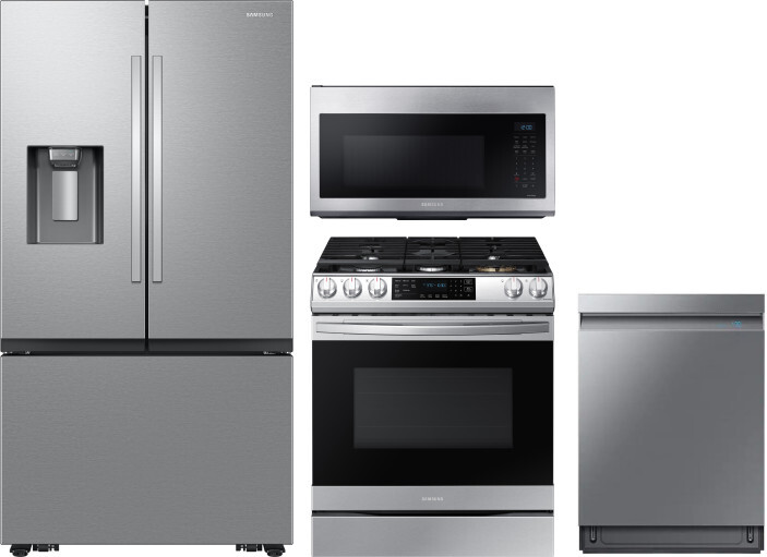 Samsung 4 Piece Kitchen Appliances Package with French Door Refrigerator, Gas Range, Dishwasher and Over the Range Microwave in Stainless Steel SARERA