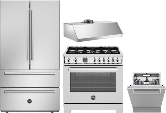 Bertazzoni 4 Piece Kitchen Appliances Package with French Door Refrigerator, Gas Range and Dishwasher in Stainless Steel BERERADWRH1137