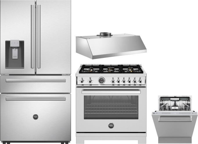 Bertazzoni 4 Piece Kitchen Appliances Package with French Door Refrigerator, Gas Range and Dishwasher in Stainless Steel BERERADWRH1140