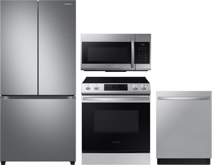 Samsung 4 Piece Kitchen Appliances Package with French Door Refrigerator, Electric Range, Dishwasher and Over the Range Microwave in Stainless Steel S