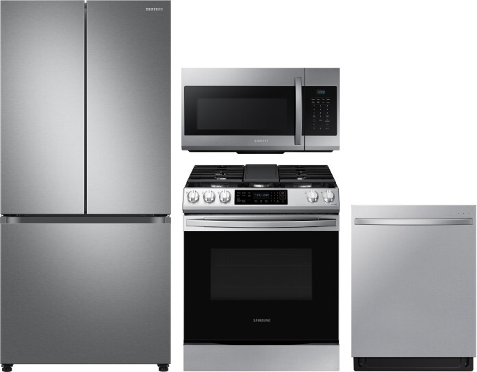 Samsung 4 Piece Kitchen Appliances Package with French Door Refrigerator, Gas Range, Dishwasher and Over the Range Microwave in Stainless Steel SARERA