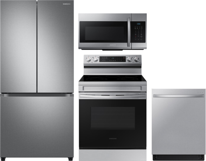 Samsung 4 Piece Kitchen Appliances Package with French Door Refrigerator, Electric Range, Dishwasher and Over the Range Microwave in Stainless Steel S