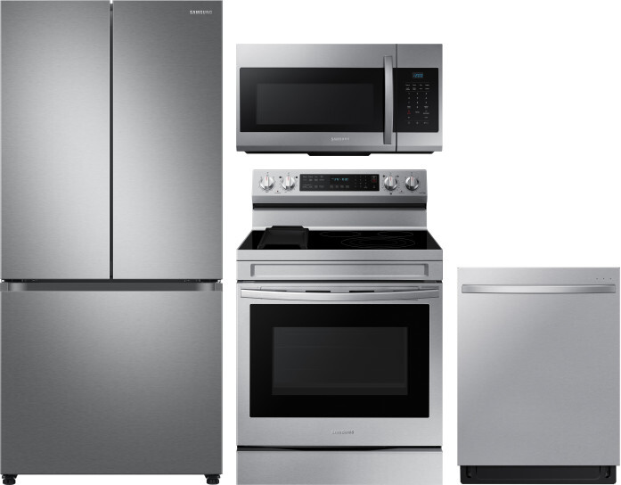 Samsung 4 Piece Kitchen Appliances Package with French Door Refrigerator, Electric Range, Dishwasher and Over the Range Microwave in Stainless Steel S