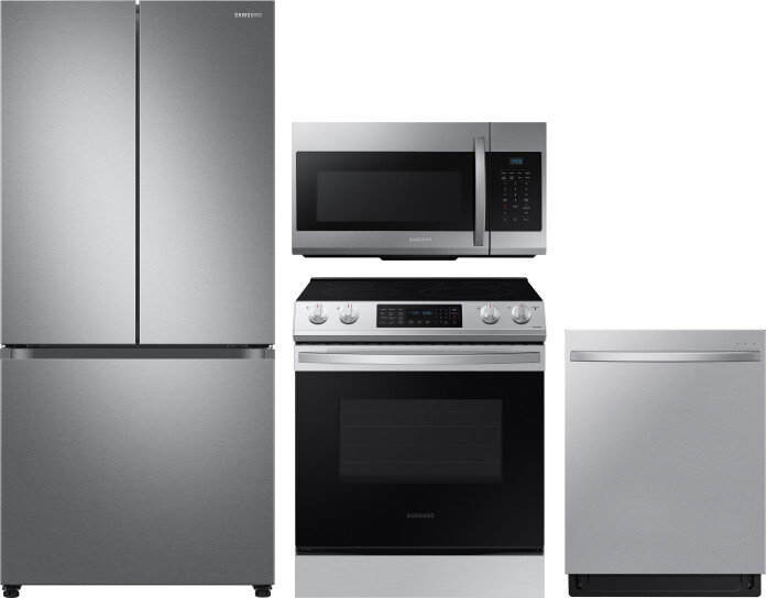 Samsung 4 Piece Kitchen Appliances Package with French Door Refrigerator, Electric Range, Dishwasher and Over the Range Microwave in Stainless Steel S