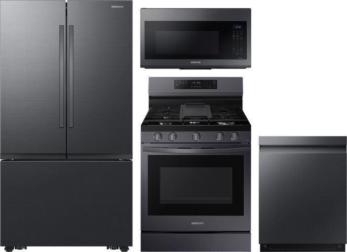 Samsung 4 Piece Kitchen Appliances Package with French Door Refrigerator, Gas Range, Dishwasher and Over the Range Microwave in Matte Black Stainless 