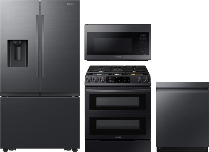 Samsung 4 Piece Kitchen Appliances Package with French Door Refrigerator, Gas Range, Dishwasher and Over the Range Microwave in Matte Black Stainless 