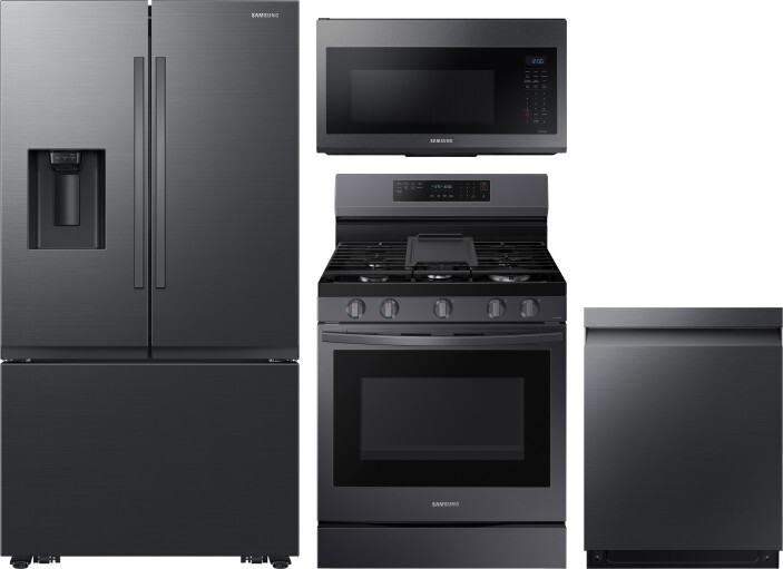 Samsung 4 Piece Kitchen Appliances Package with French Door Refrigerator, Gas Range, Dishwasher and Over the Range Microwave in Matte Black Stainless 