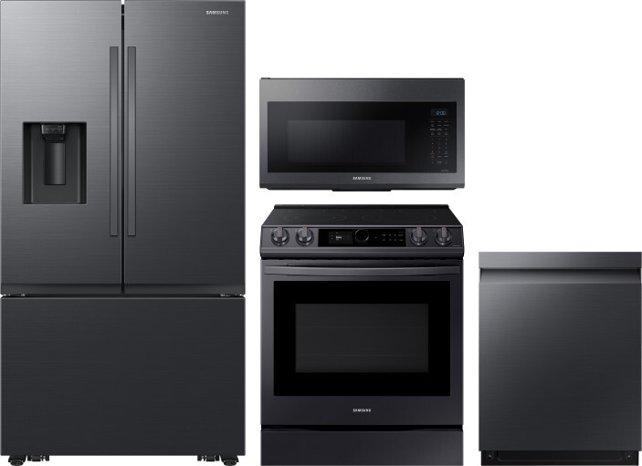 Samsung 4 Piece Kitchen Appliances Package with French Door Refrigerator, Electric Range, Dishwasher and Over the Range Microwave in Matte Black Stain