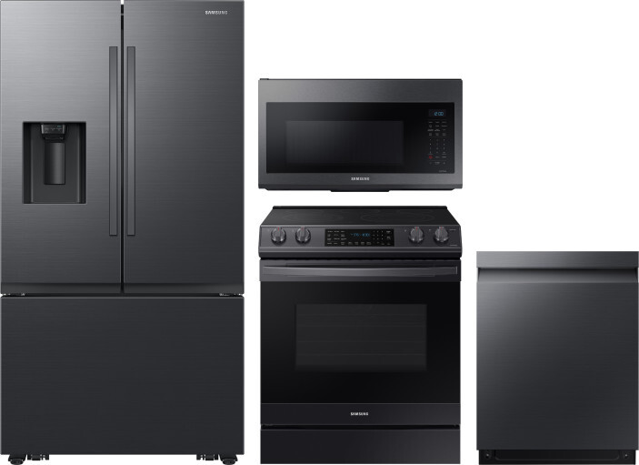 Samsung 4 Piece Kitchen Appliances Package with French Door Refrigerator, Electric Range, Dishwasher and Over the Range Microwave in Matte Black Stain