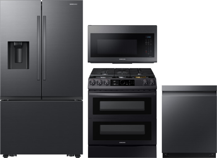 Samsung 4 Piece Kitchen Appliances Package with French Door Refrigerator, Dual Fuel Range, Dishwasher and Over the Range Microwave in Matte Black Stai