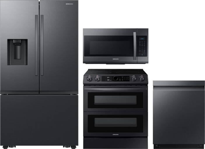 Samsung 4 Piece Kitchen Appliances Package with French Door Refrigerator, Electric Range, Dishwasher and Over the Range Microwave in Matte Black Stain