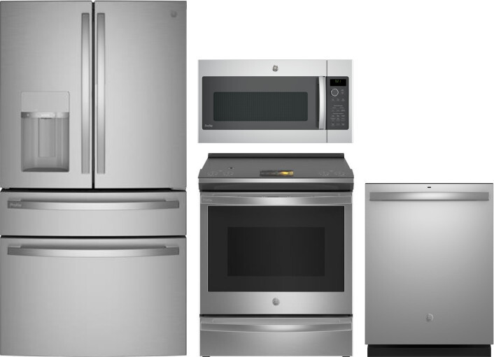 GE Profile 4 Piece Kitchen Appliances Package with French Door Refrigerator, Induction Range, Dishwasher and Over the Range Microwave in Stainless Ste