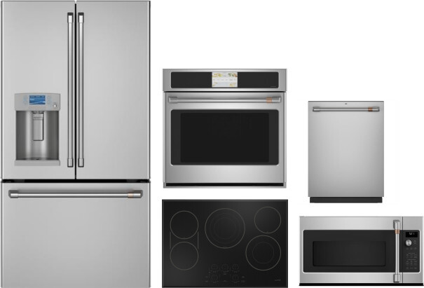 Cafe 5 Piece Kitchen Appliances Package with French Door Refrigerator, Over the Range Microwave and Dishwasher in Stainless Steel CAFRECTWOMWDW1