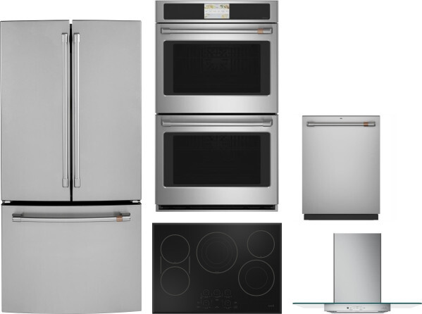Cafe 5 Piece Kitchen Appliances Package with French Door Refrigerator and Dishwasher in Stainless Steel CAFRECTWODWRH858