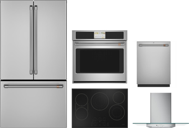 Cafe 5 Piece Kitchen Appliances Package with French Door Refrigerator and Dishwasher in Stainless Steel CAFRECTWODWRH860