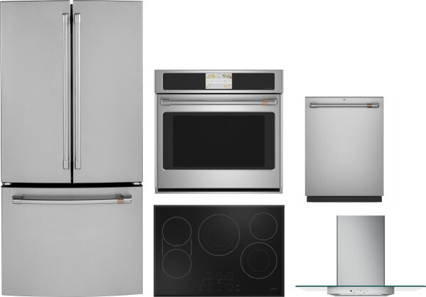 Cafe 5 Piece Kitchen Appliances Package with French Door Refrigerator and Dishwasher in Stainless Steel CAFRECTWODWRH862