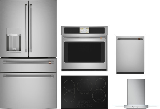 Cafe 5 Piece Kitchen Appliances Package with French Door Refrigerator and Dishwasher in Stainless Steel CAFRECTWODWRH867