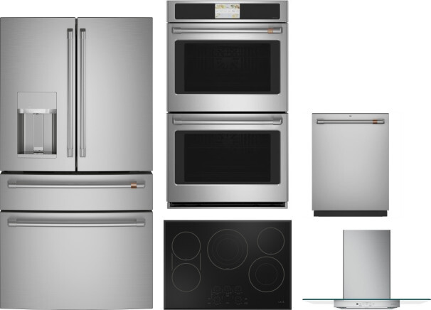 Cafe 5 Piece Kitchen Appliances Package with French Door Refrigerator and Dishwasher in Stainless Steel CAFRECTWODWRH868