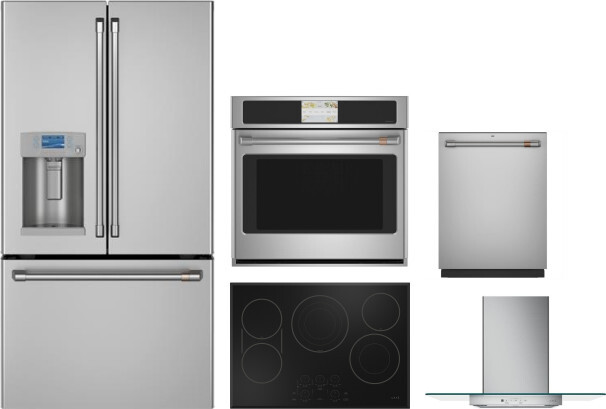 Cafe 5 Piece Kitchen Appliances Package with French Door Refrigerator and Dishwasher in Stainless Steel CAFRECTWODWRH870