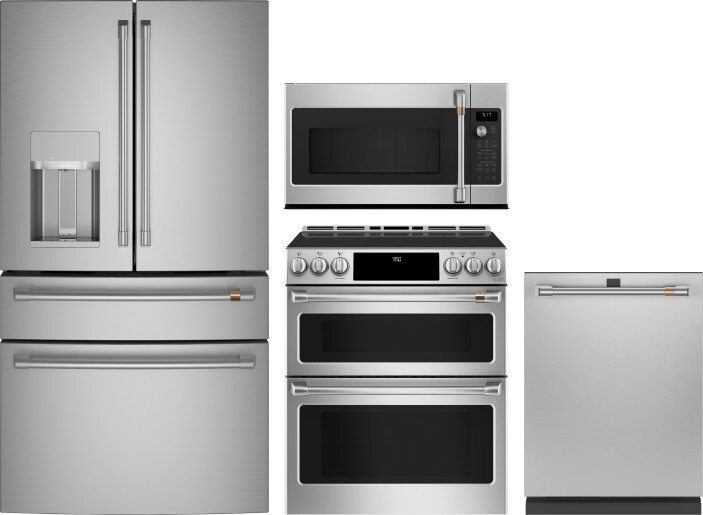 Cafe 4 Piece Kitchen Appliances Package with French Door Refrigerator, Induction Range, Over the Range Microwave and Dishwasher in Stainless Steel CAF