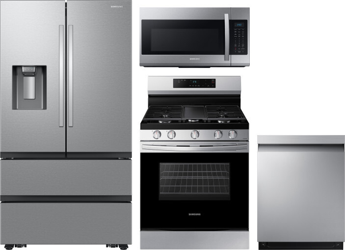 Samsung 4 Piece Kitchen Appliances Package with French Door Refrigerator, Gas Range, Dishwasher and Over the Range Microwave in Stainless Steel SARERA