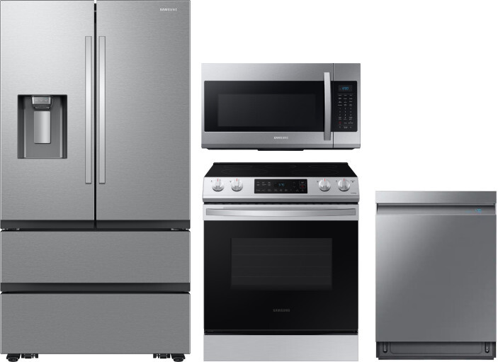 Samsung 4 Piece Kitchen Appliances Package with French Door Refrigerator, Electric Range, Dishwasher and Over the Range Microwave in Stainless Steel S