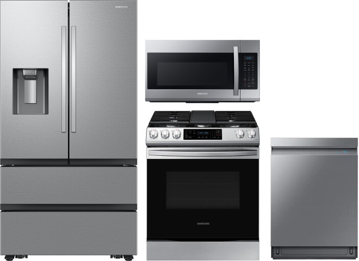 Samsung 4 Piece Kitchen Appliances Package with French Door Refrigerator, Gas Range, Dishwasher and Over the Range Microwave in Stainless Steel SARERA