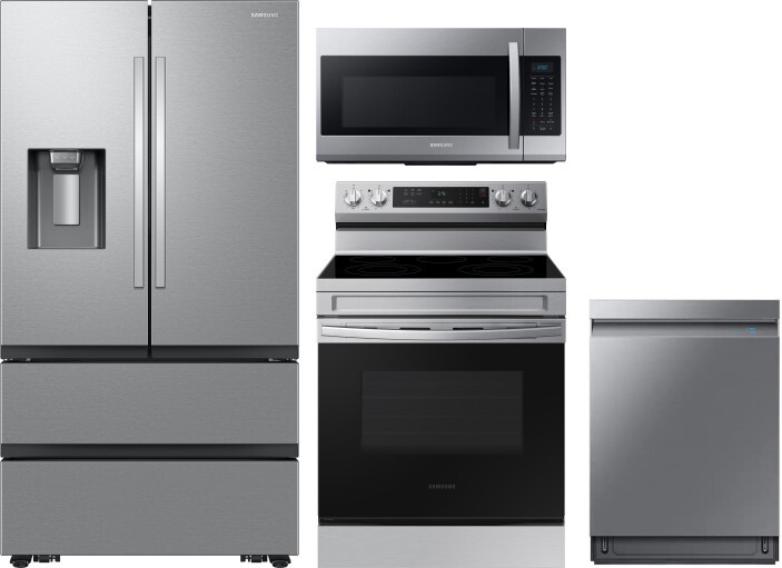 Samsung 4 Piece Kitchen Appliances Package with French Door Refrigerator, Electric Range, Dishwasher and Over the Range Microwave in Stainless Steel S