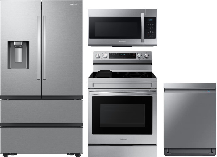 Samsung 4 Piece Kitchen Appliances Package with French Door Refrigerator, Electric Range, Dishwasher and Over the Range Microwave in Stainless Steel S