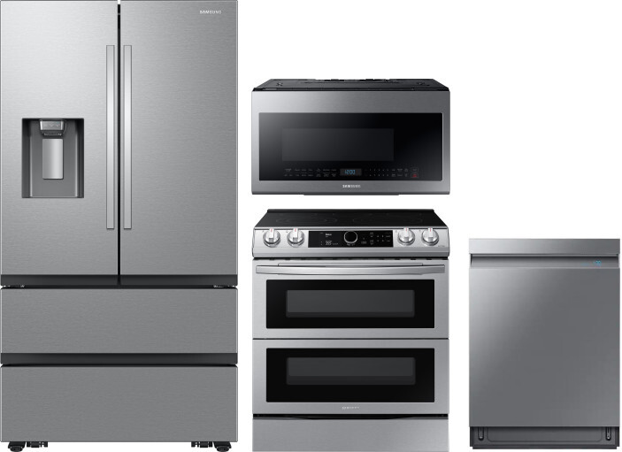 Samsung 4 Piece Kitchen Appliances Package with French Door Refrigerator, Electric Range, Dishwasher and Over the Range Microwave in Stainless Steel S