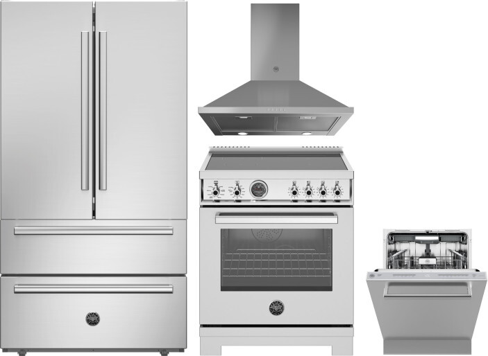 Bertazzoni 4 Piece Kitchen Appliances Package with French Door Refrigerator, Induction Range and Dishwasher in Stainless Steel BERERADWRH1146