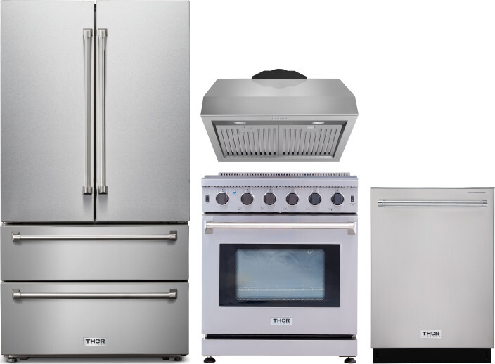 4 Piece Kitchen Appliances Package with French Door Refrigerator, Gas Range and Dishwasher in Stainless Steel - Thor Kitchen THRERADWRH1184