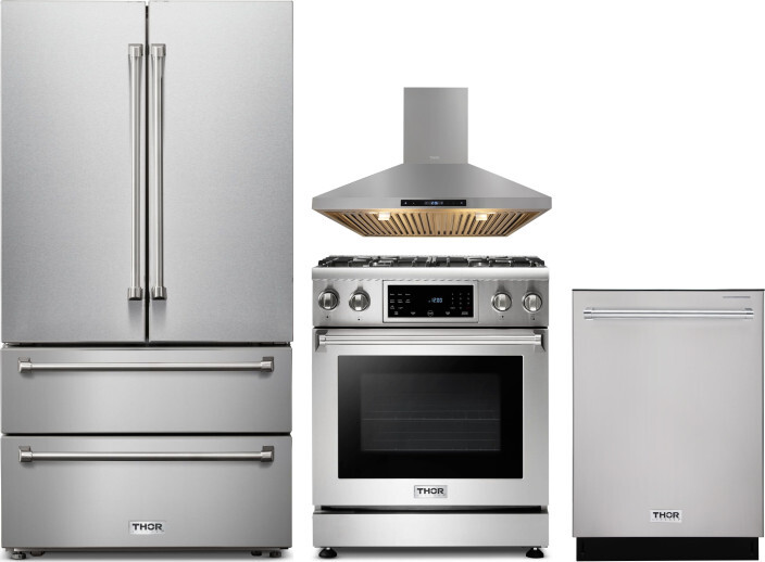 Thor Kitchen 4 Piece Kitchen Appliances Package with French Door Refrigerator, Gas Range and Dishwasher in Stainless Steel THRERADWRH1186