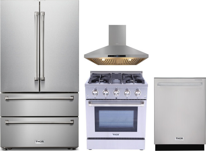 Thor Kitchen 4 Piece Kitchen Appliances Package with French Door Refrigerator, Gas Range and Dishwasher in Stainless Steel THRERADWRH1190
