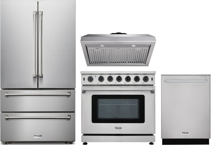 Thor Kitchen 4 Piece Kitchen Appliances Package with French Door Refrigerator, Gas Range and Dishwasher in Stainless Steel THRERADWRH1193