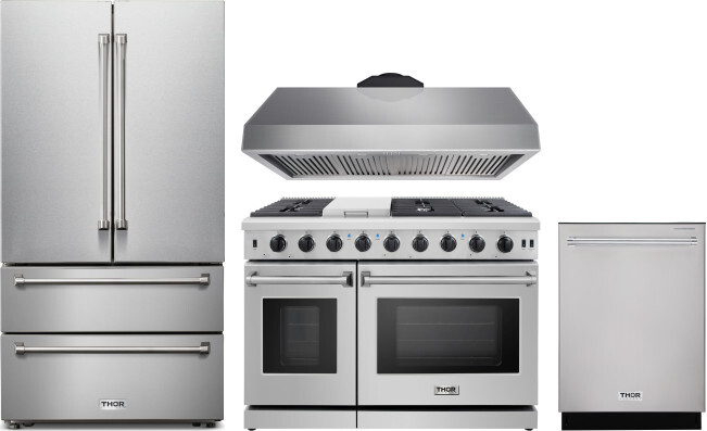 Thor Kitchen 4 Piece Kitchen Appliances Package with French Door Refrigerator, Gas Range and Dishwasher in Stainless Steel THRERADWRH1204
