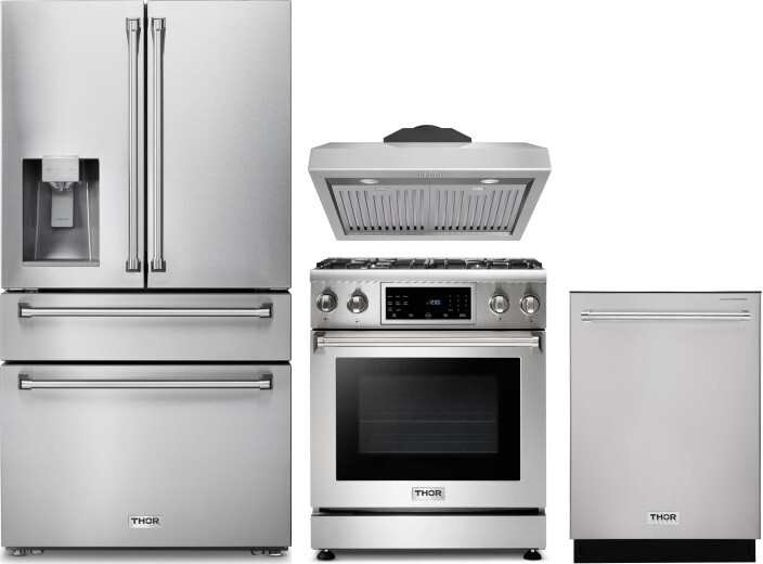 Thor Kitchen 4 Piece Kitchen Appliances Package with French Door Refrigerator, Gas Range and Dishwasher in Stainless Steel THRERADWRH1210