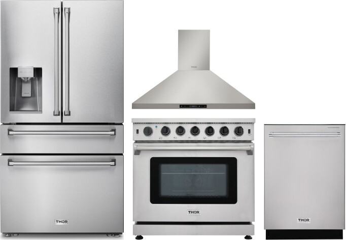Thor Kitchen 4 Piece Kitchen Appliances Package with French Door Refrigerator, Gas Range and Dishwasher in Stainless Steel THRERADWRH1219