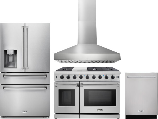 Thor Kitchen 4 Piece Kitchen Appliances Package with French Door Refrigerator, Gas Range and Dishwasher in Stainless Steel THRERADWRH1230