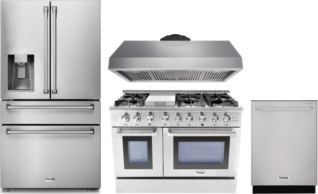Thor Kitchen 4 Piece Kitchen Appliances Package with French Door Refrigerator, Gas Range and Dishwasher in Stainless Steel THRERADWRH1232