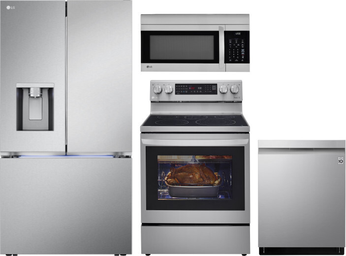 LG 4 Piece Kitchen Appliances Package with French Door Refrigerator, Electric Range, Dishwasher and Over the Range Microwave in Stainless Steel LGRERA