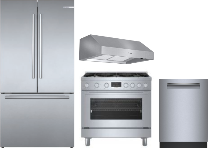 Bosch 4 Piece Kitchen Appliances Package with French Door Refrigerator, Dual Fuel Range and Dishwasher in Stainless Steel BORERADWRH781