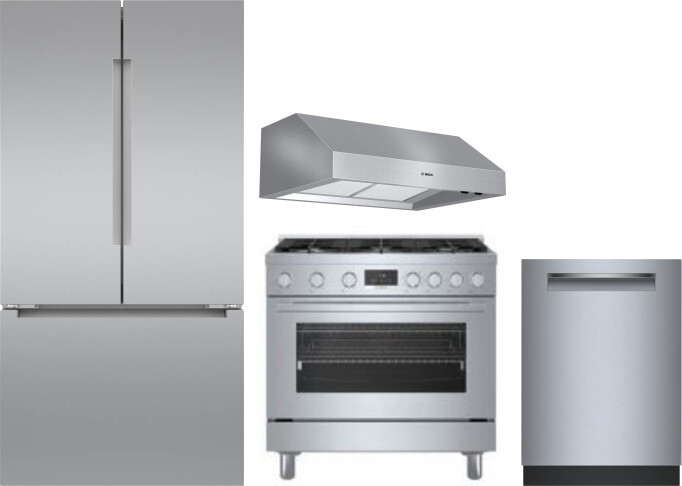 Bosch 4 Piece Kitchen Appliances Package with French Door Refrigerator, Dual Fuel Range and Dishwasher in Stainless Steel BORERADWRH782