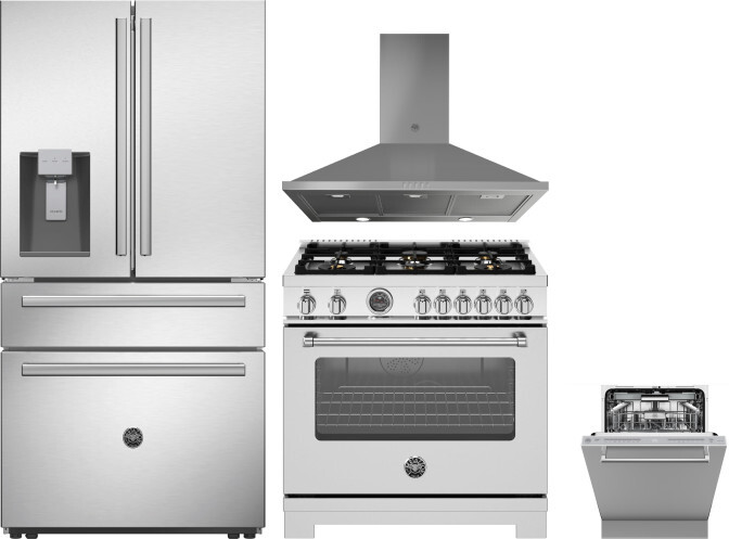 Bertazzoni 4 Piece Kitchen Appliances Package with French Door Refrigerator, Dual Fuel Range and Dishwasher in Stainless Steel BERERADWRH1151