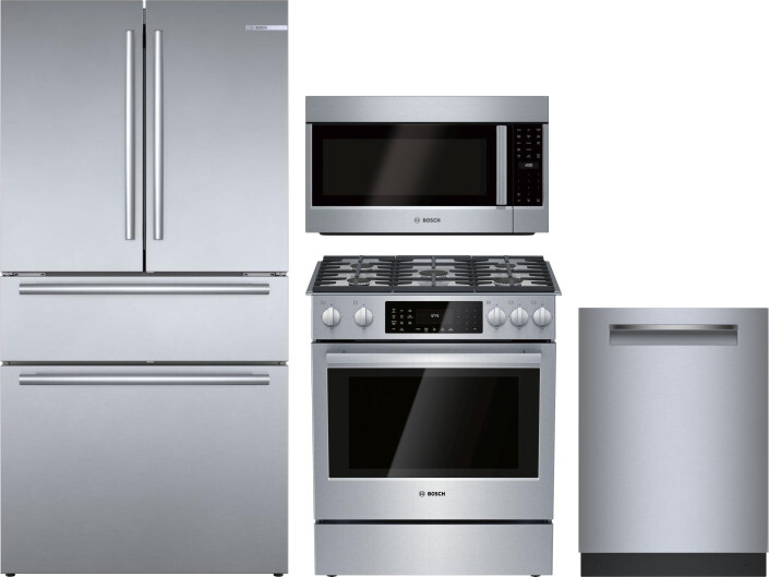 Bosch 4 Piece Kitchen Appliances Package with French Door Refrigerator, Dual Fuel Range, Dishwasher and Over the Range Microwave in Stainless Steel BO
