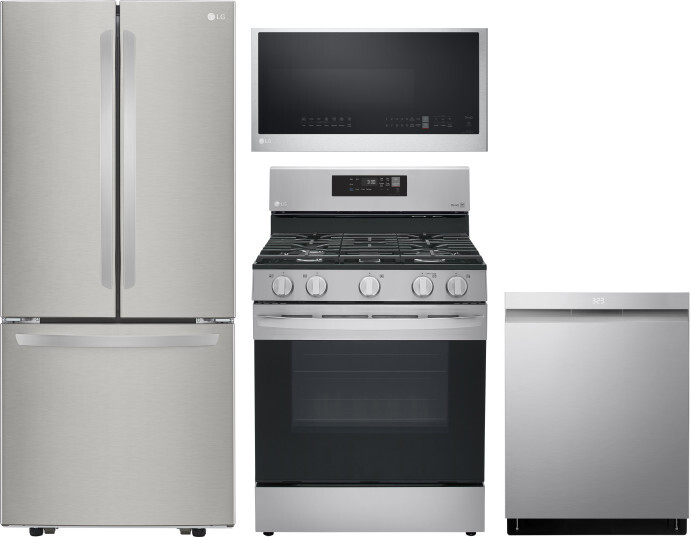 LG 4 Piece Kitchen Appliances Package with French Door Refrigerator, Gas Range, Dishwasher and Over the Range Microwave in Stainless Steel LGRERADWMW2