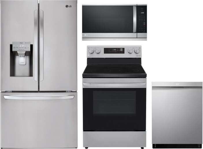 LG 4 Piece Kitchen Appliances Package with French Door Refrigerator, Electric Range, Dishwasher and Over the Range Microwave in Stainless Steel LGRERA