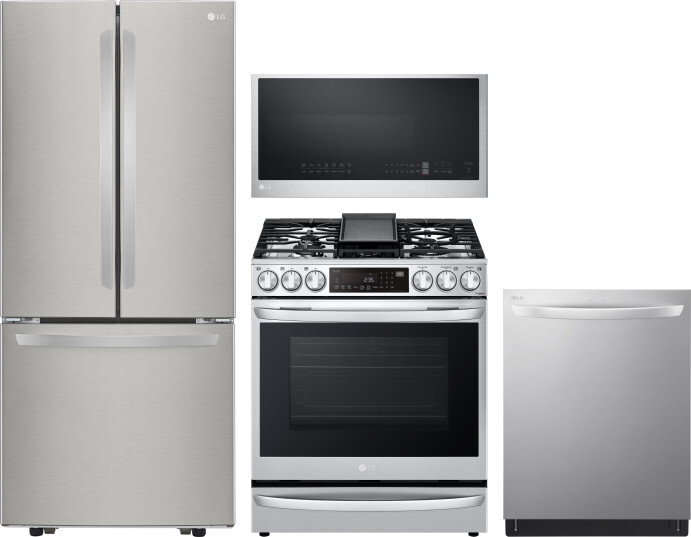 LG 4 Piece Kitchen Appliances Package with French Door Refrigerator, Gas Range, Dishwasher and Over the Range Microwave in Stainless Steel LGRERADWMW2
