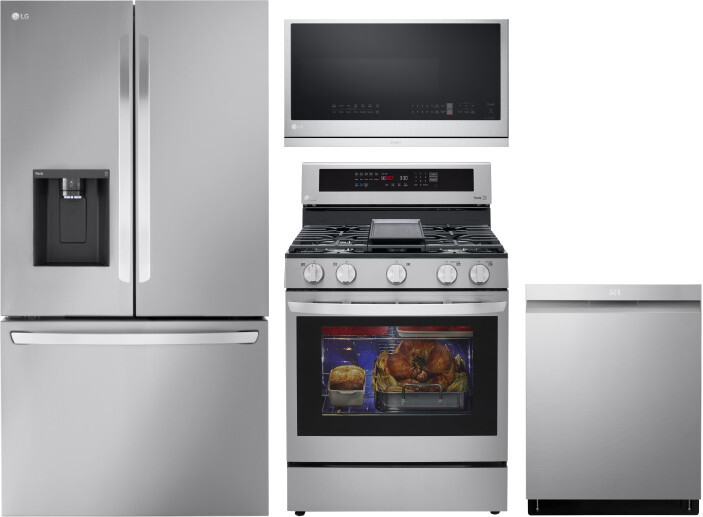 LG 4 Piece Kitchen Appliances Package with French Door Refrigerator, Gas Range, Dishwasher and Over the Range Microwave in Stainless Steel LGRERADWMW2