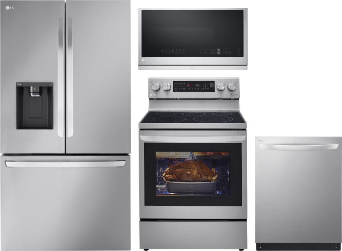 LG 4 Piece Kitchen Appliances Package with French Door Refrigerator, Electric Range, Dishwasher and Over the Range Microwave in Stainless Steel LGRERA